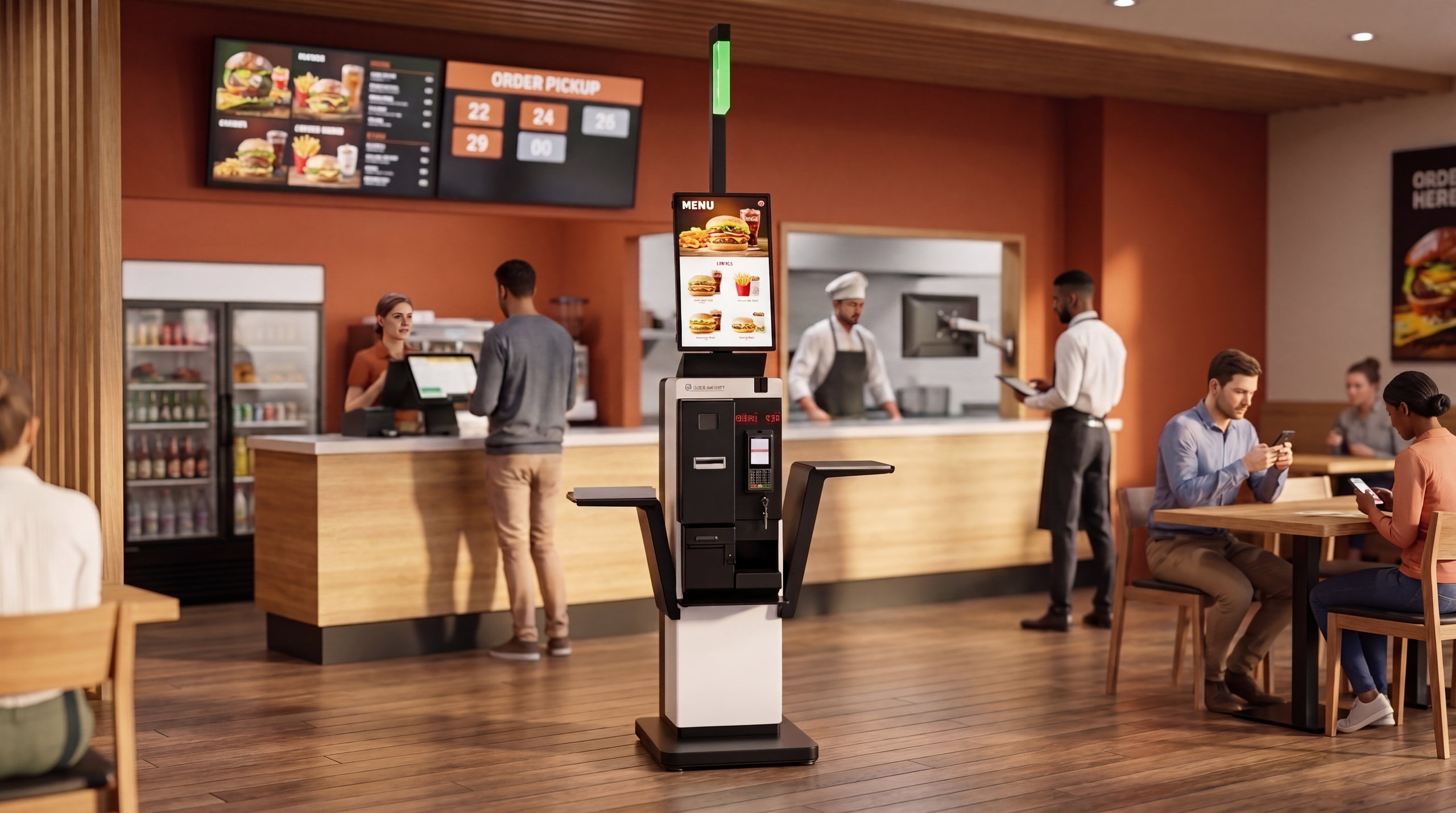 Kiosco de Autocobro Quickpaymini instalado en un restaurante, con el mostrador, la cocina y las pantallas del sistema al fondo